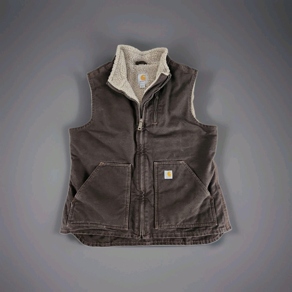 Vintage Carhartt Womens Large 12/14 Sherpa Lined Duck Canvas Work Vest Brown EUC